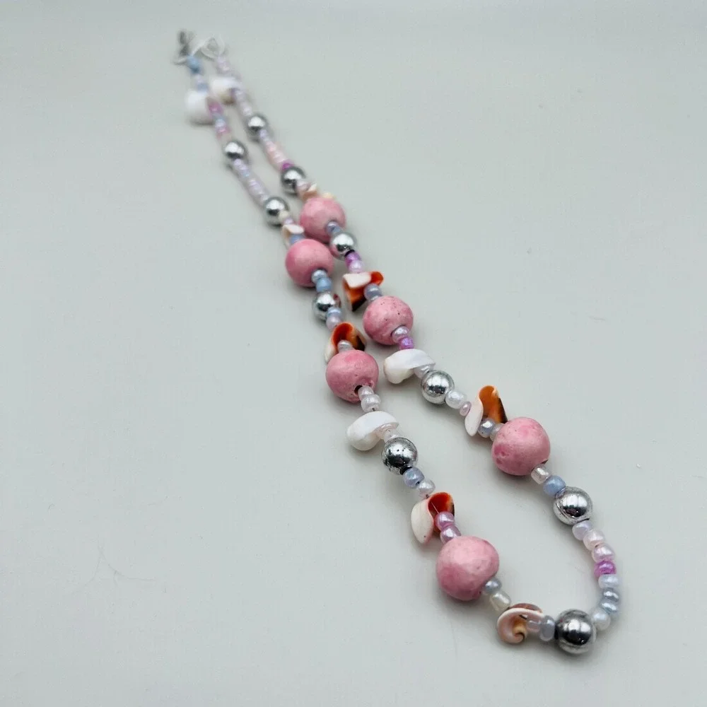 Beaded Necklace Pink White Shell Mixed Bead Silver Tone Pastel Coastal Style 20